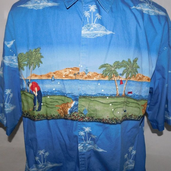 RETREAT Mens L  Island Golf Scene Blue Button Front Short Sleeve Shirt - Picture 3 of 13